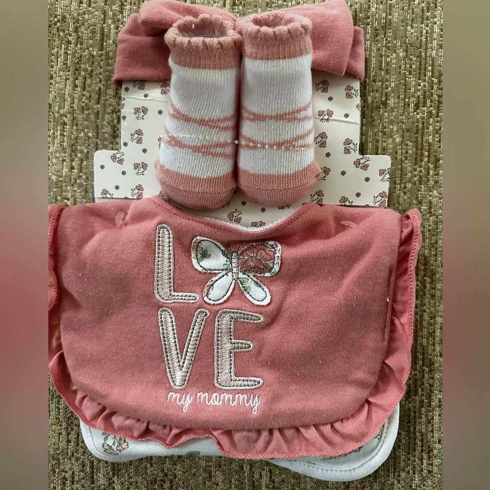 Pink Baby Bib and Sock Set with Headband